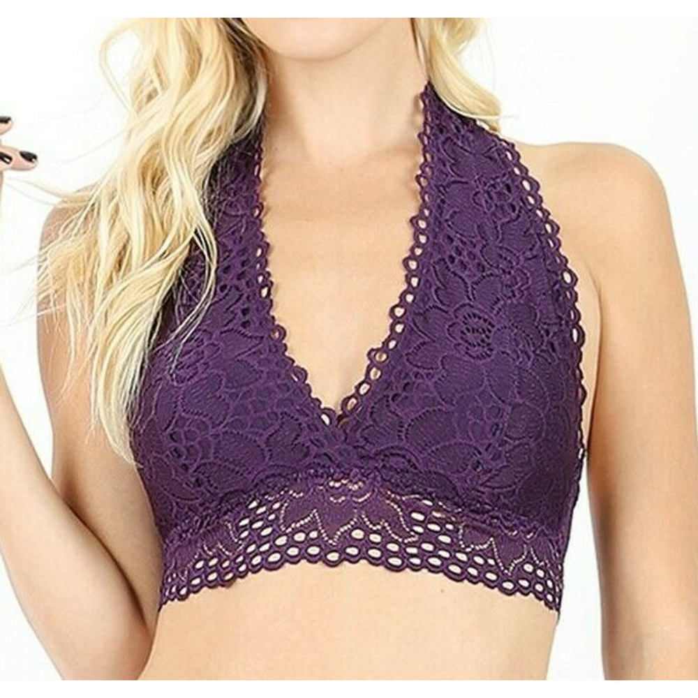Plus Size Halter Bra Purple Crochet Lace Bralettes for Women Plus Size